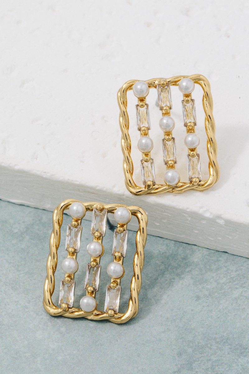 Twisted Rope Cz Studded Rectangle Earrings