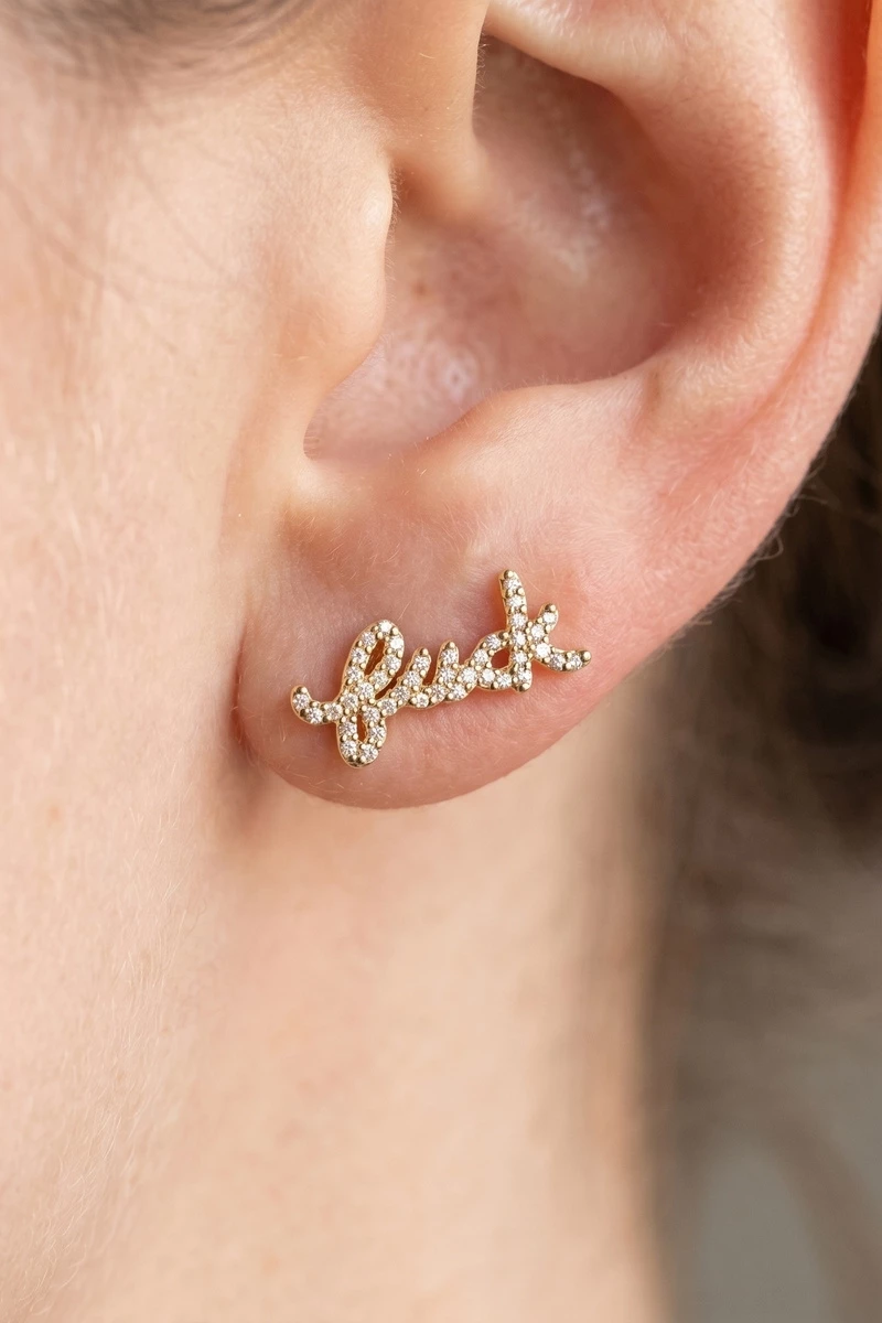 Gold Dipped Script Luck Cz Stud Earrings