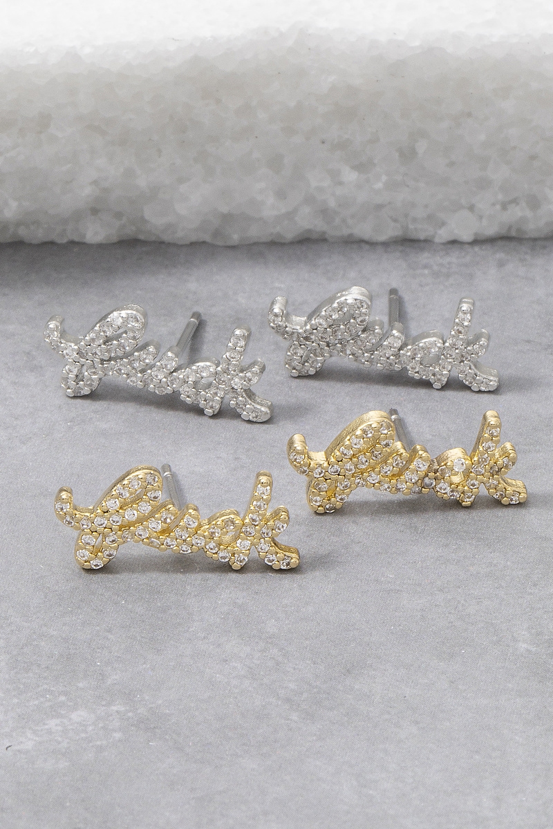 Gold Dipped Cz Pave Cursive Script Stud Earrings