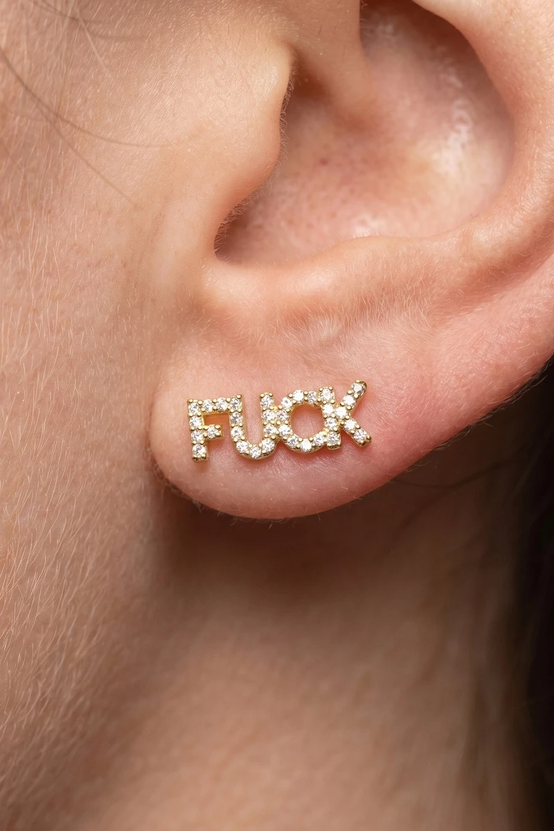 Gold Dipped Block Letter Fuck Cz Stud Earrings