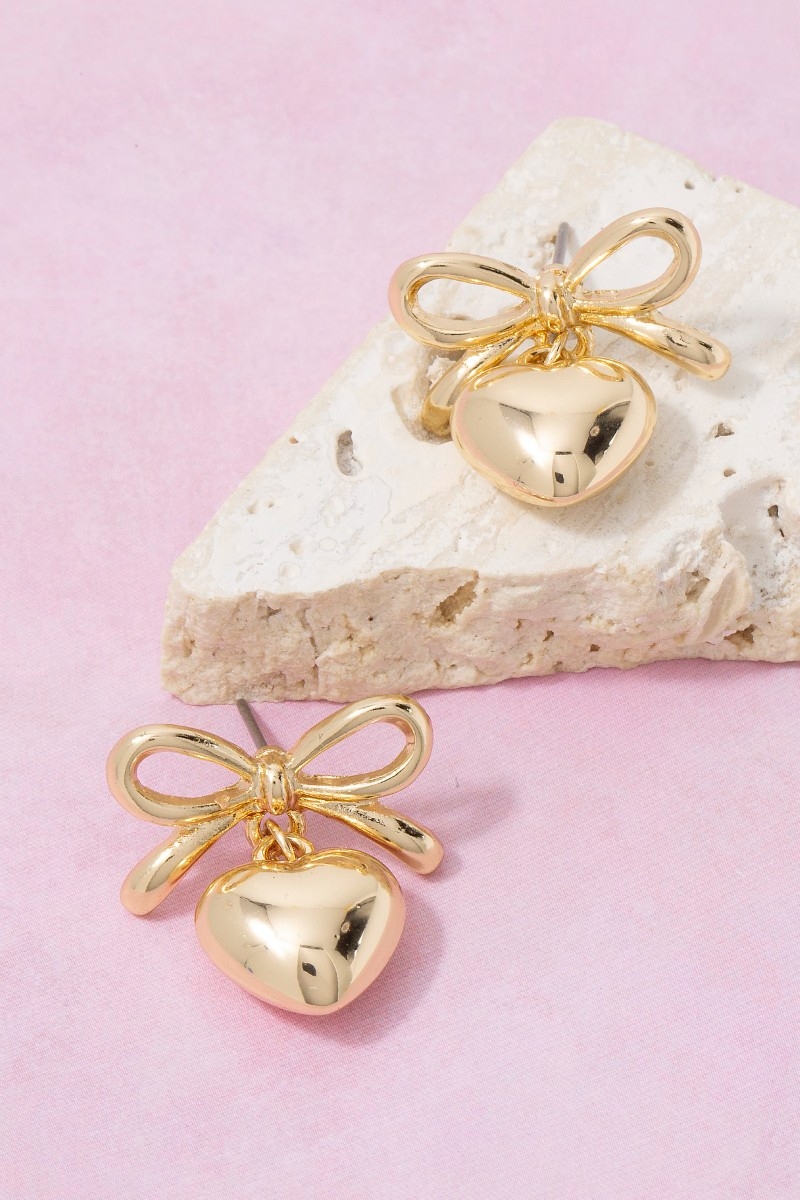 Metallic Ribbon Bow Heart Drop Earrings