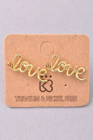 Rounded Cursive Love Stud Earrings