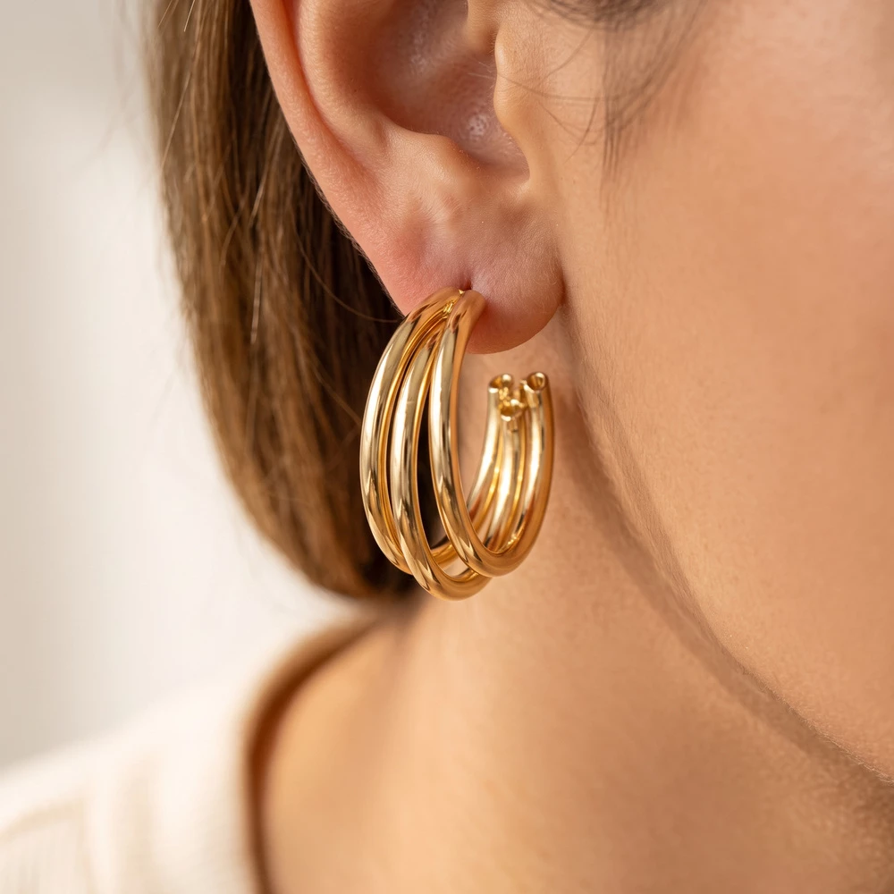 Slim Triple Row Open Hoop Earrings