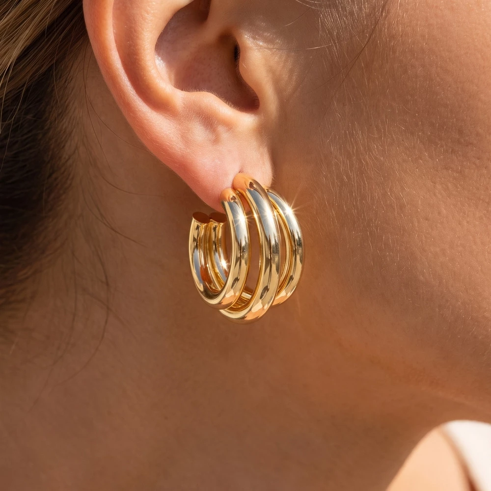 Mini Triple Ring Splayed Hoop Earrings