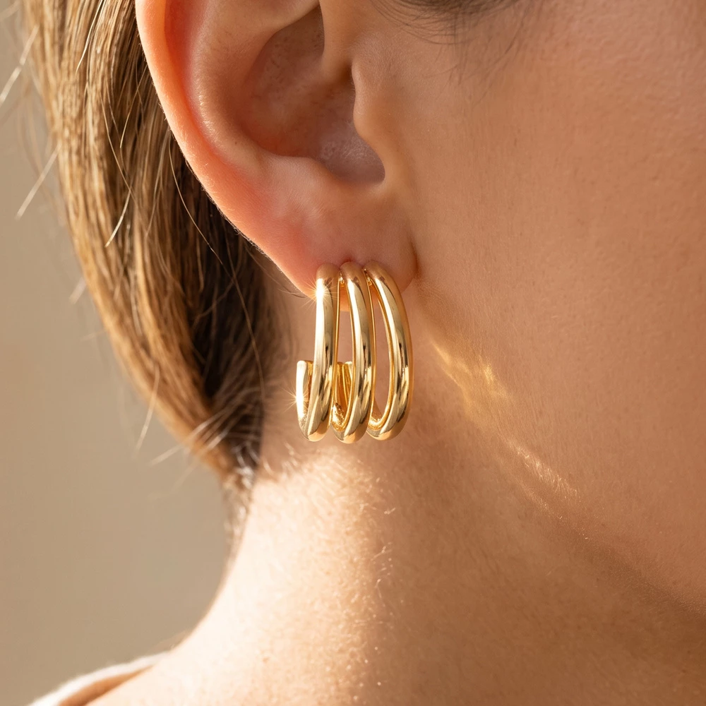 Graduated Triple Ridge Crescent Hoop Earrings