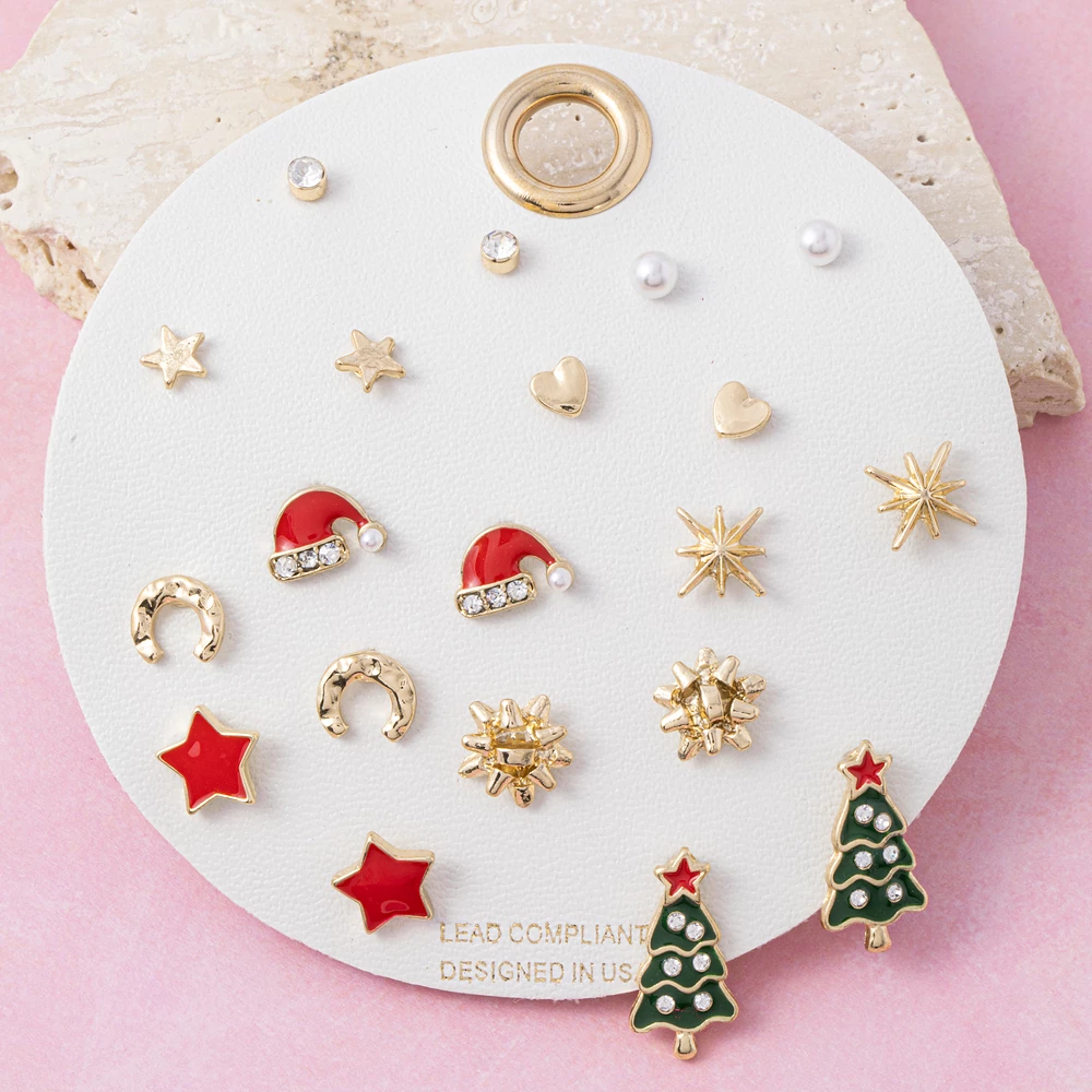 Twelve Pair Christmas Holiday Stud Earrings Set