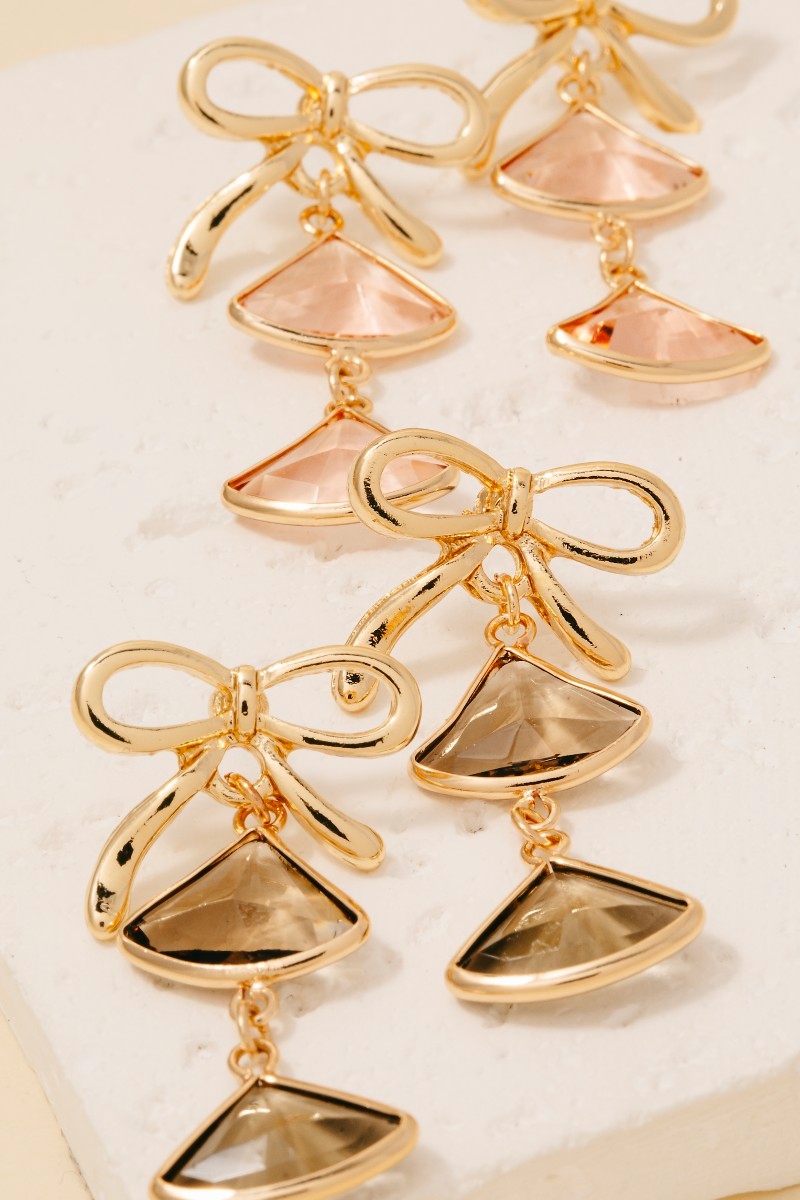 Faceted Gems Dangle Ribbon Bow Stud Earrings