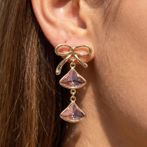 Bow Post Double Fan Glass Stone Drop Earrings