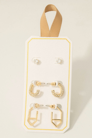 Mixed Pave Hoop And Stud Earrings Set