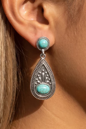 Turquoise Stud Engraved Teardrop Drop Earrings