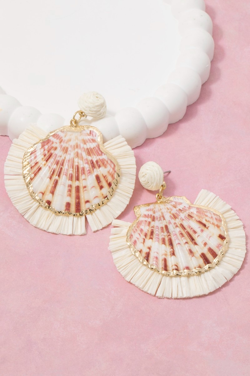 Sea Shell And Fridge Stud Dangle Earrings