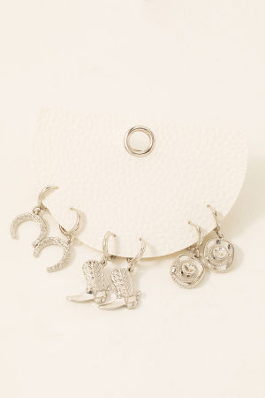 Western Cowboy Theme Charms Hoop Earrings Set