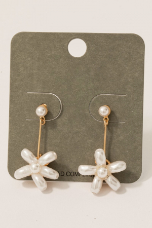 Pearl Beaded Flower Charm Bar Dangle Earrings