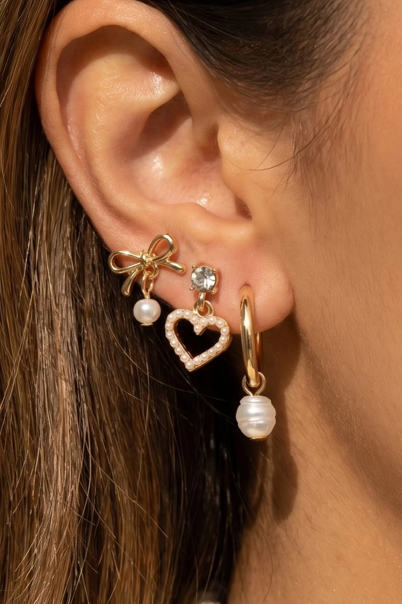 Pearl Pave Heart Bow And Charms Mixed Earrings Set