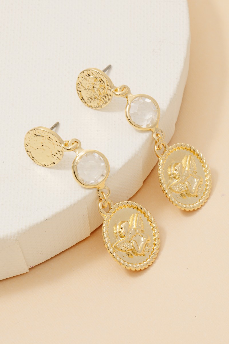 Cherub Coin And Gem Link Dangle Earrings