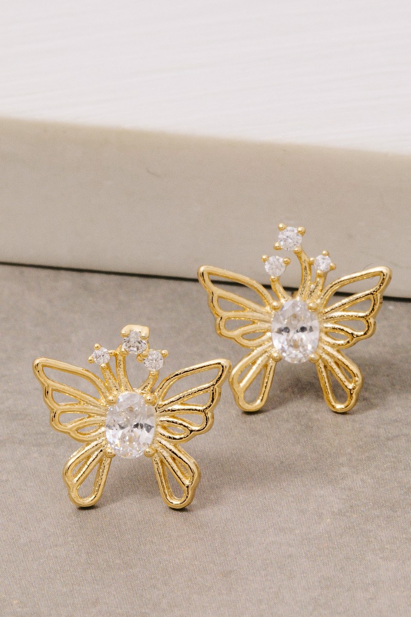 Gold Dipped Cz Butterfly Stud Earrings