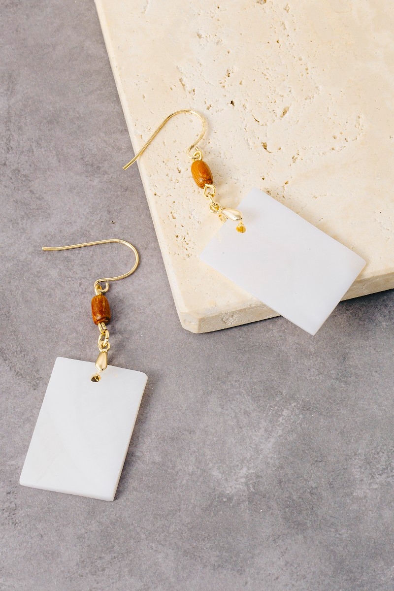 Rectangle Sea Shell And Wood Bead Dangle Earrings