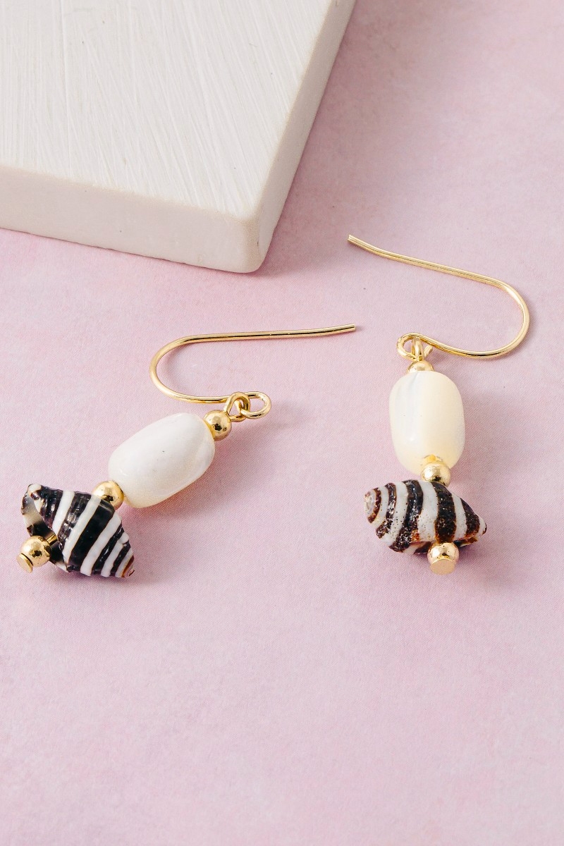 Spiral Sea Shell And Bead Dangle Earrings