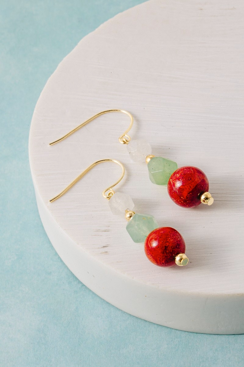 Faceted Gem And Coral Bead Dangle Earrings