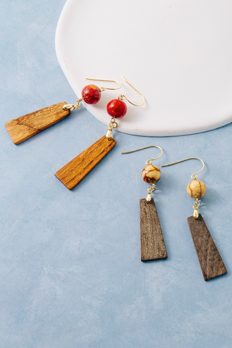 Wood Rectangle And Coral Bead Dangle Earrings