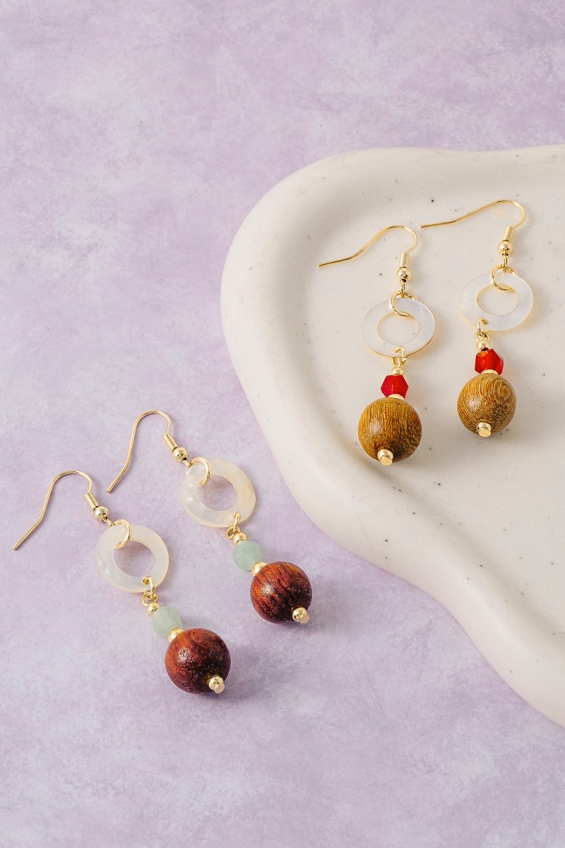 Sea Shell Hoop  And Wooden Beads Dangle Earrings