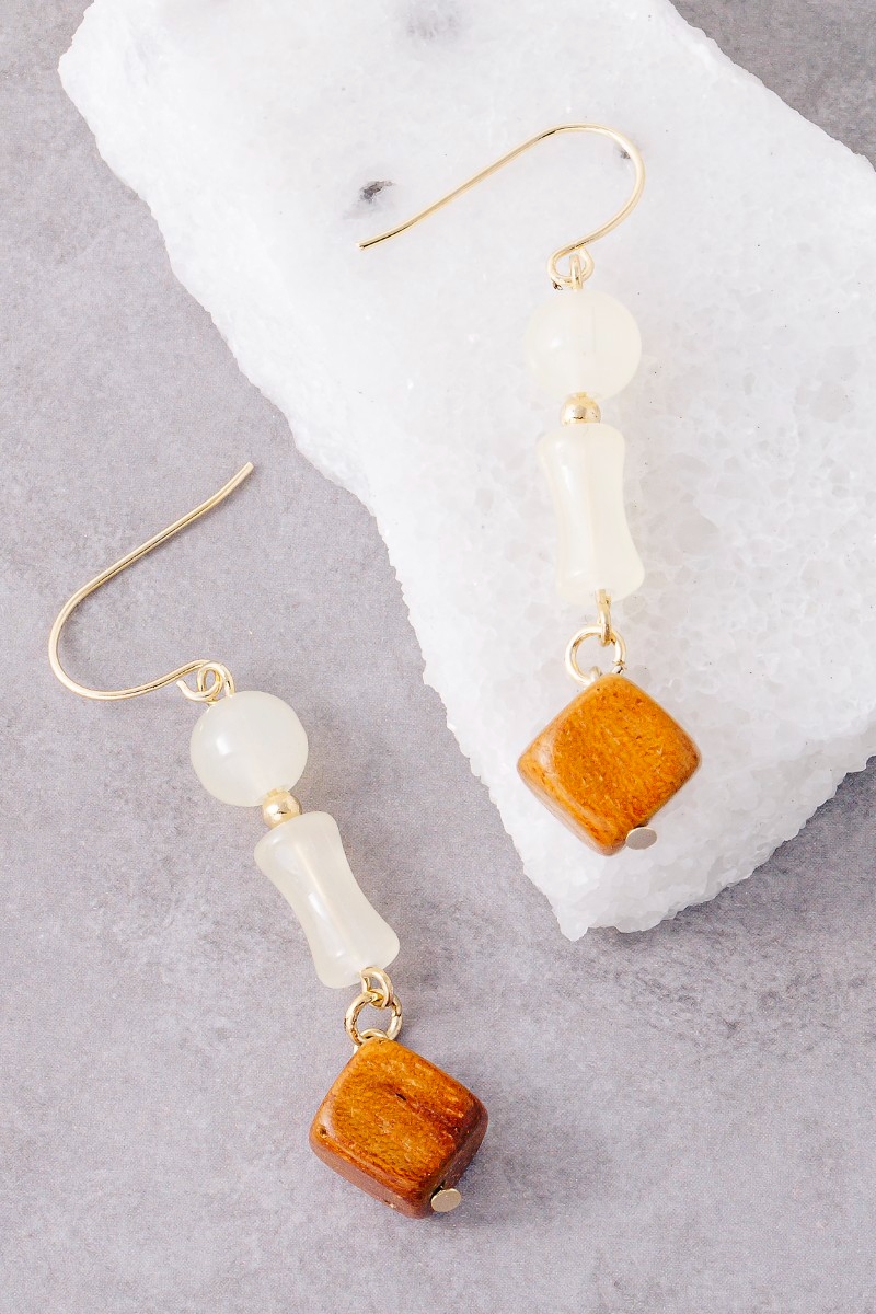 Glass And Wood Beads Dangle Earrings