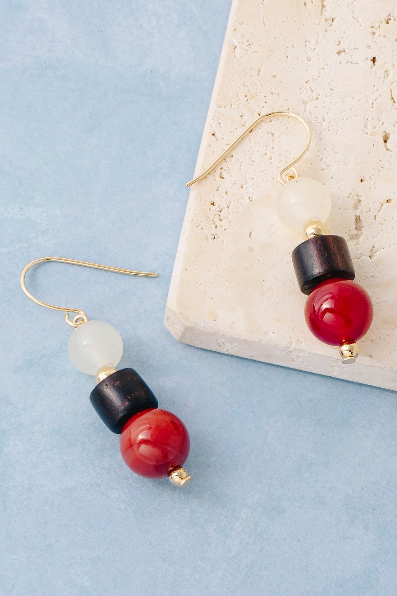 Wood Glass And Gem Beads Dangle Earrings