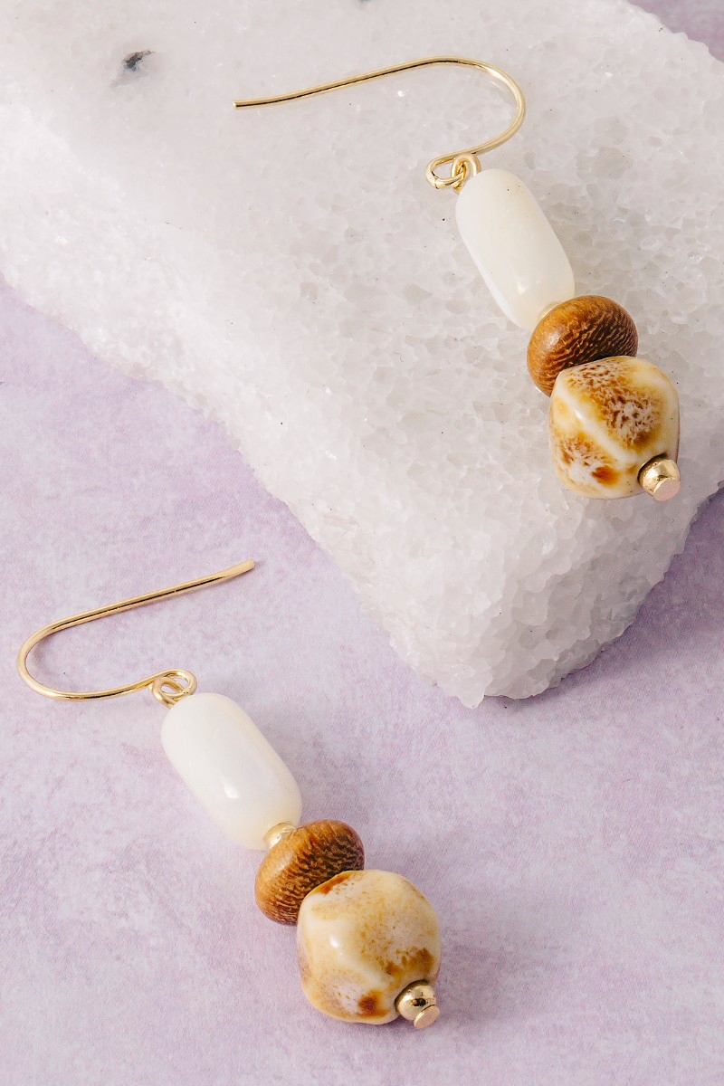 Ceramic Wood And Sea Shell Beads Dangle Earrings