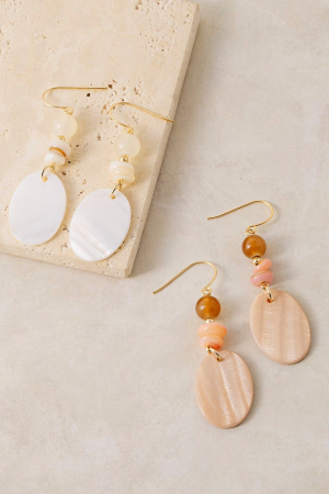Oval Sea Shell And Beads Dangle Earrings