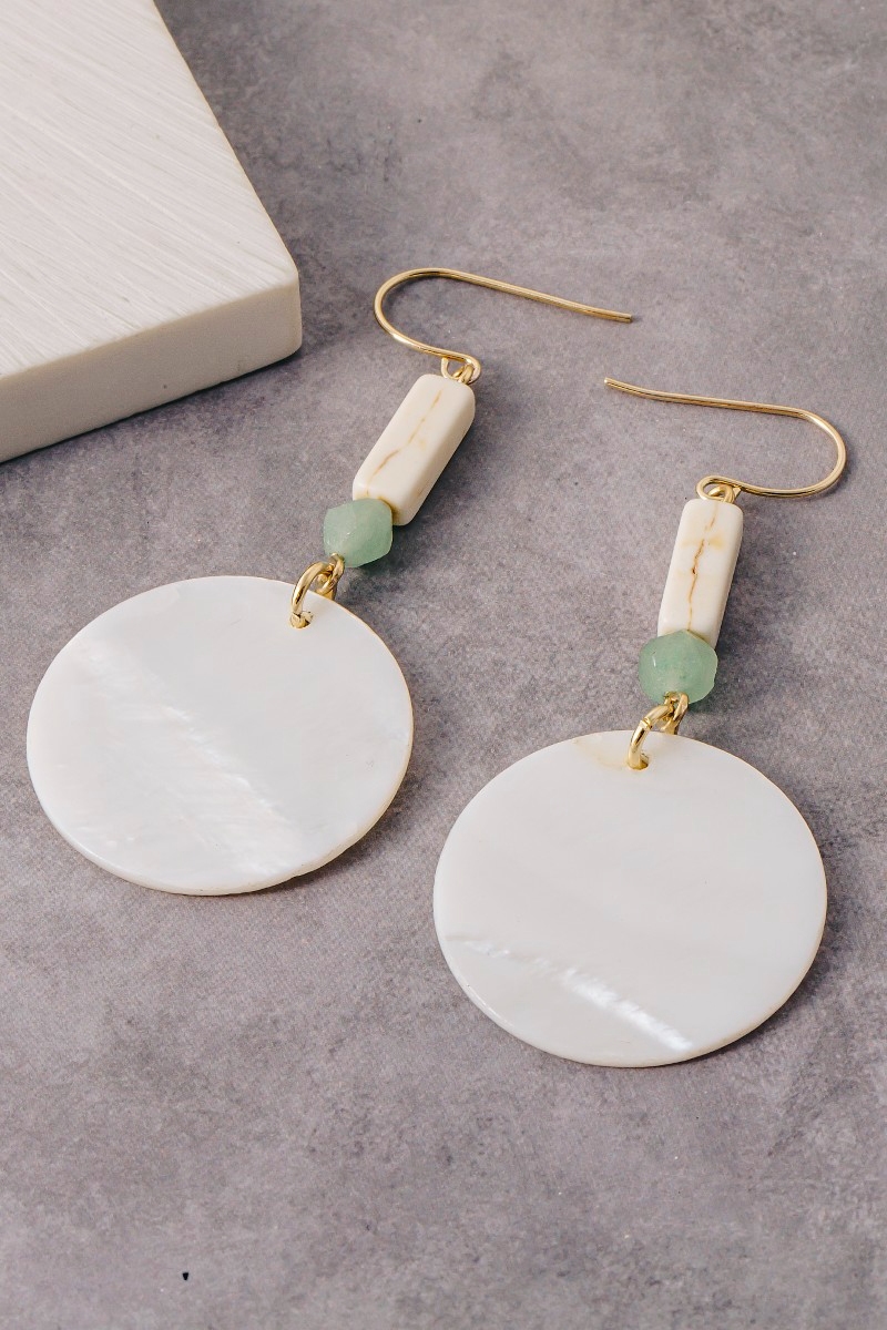 Sea Shell Disc And Gem Bead Dangle Earrings
