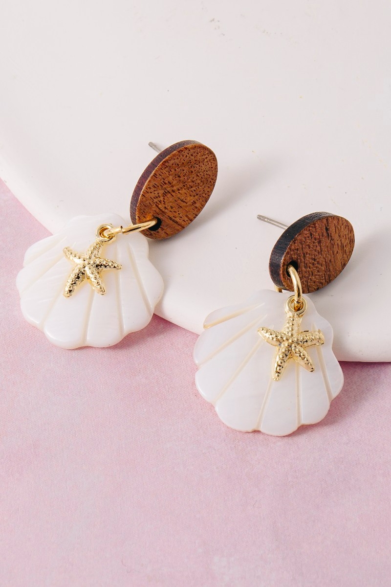 Sea Shell Starfish And Wooden Oval Stud Dangle Earrings