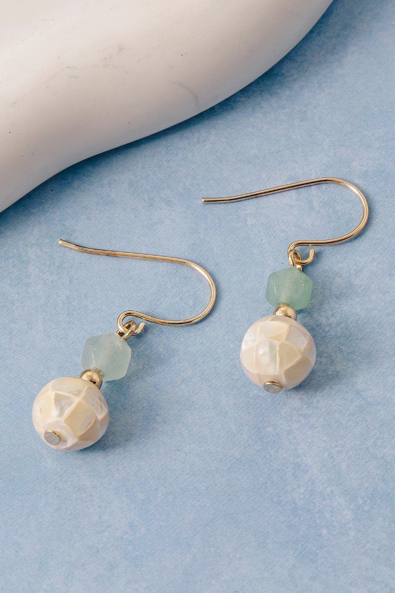 Sea Shell Ball And Faceted Gem Bead Dangle Earrings