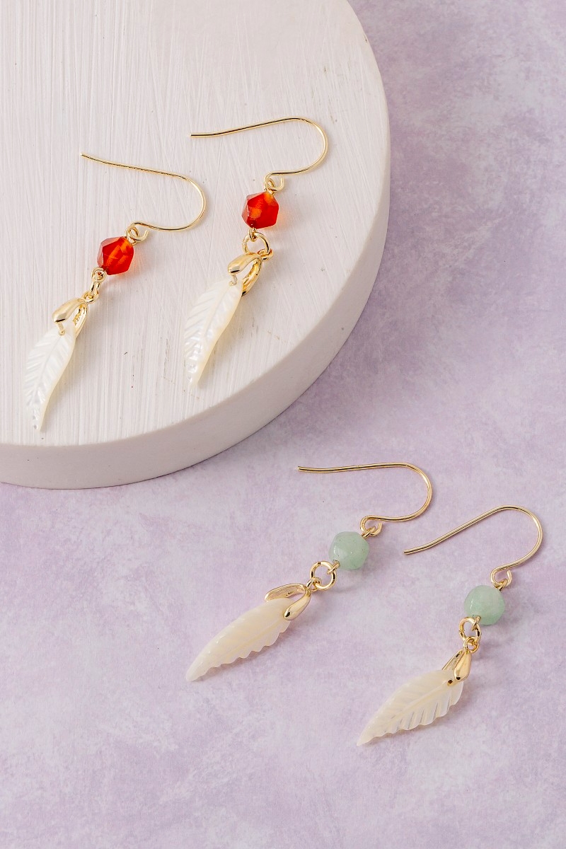 Sea Shell Feather And Gem Beads Dangle Earrings