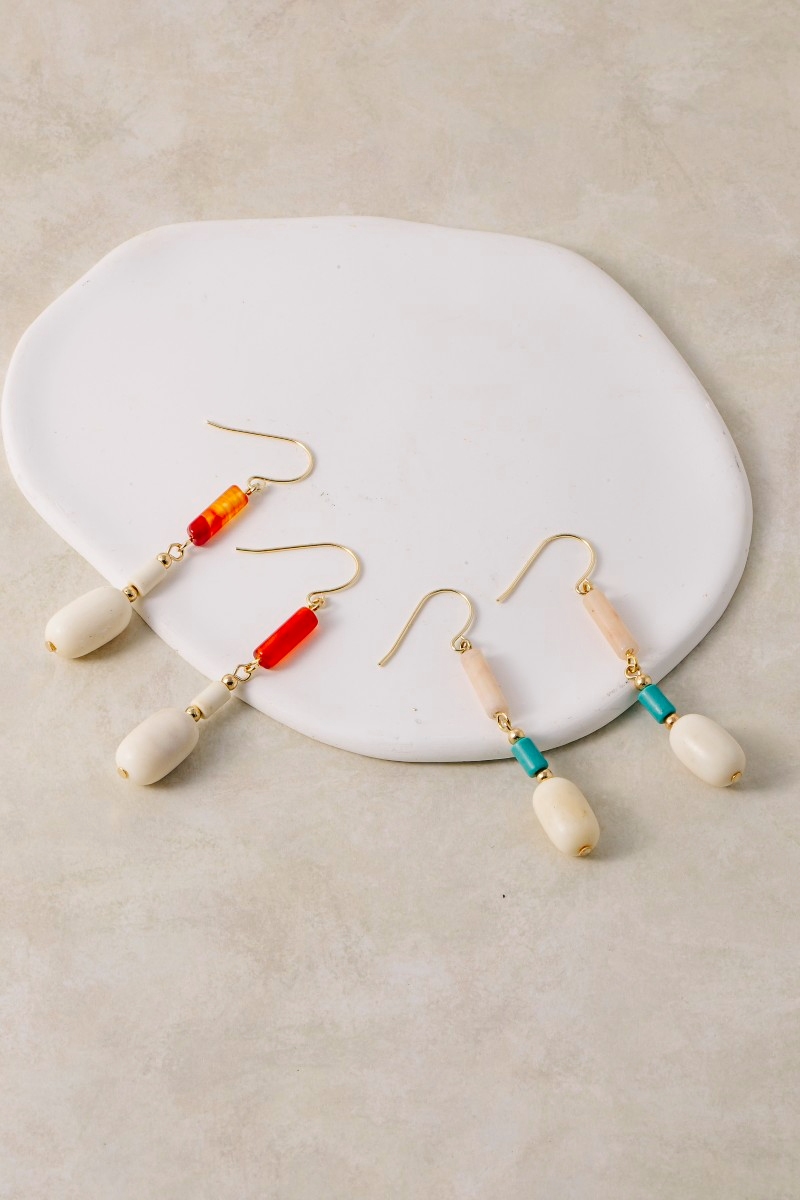 Mixed Ox Horn And Gemstone Beads Dangle Earrings