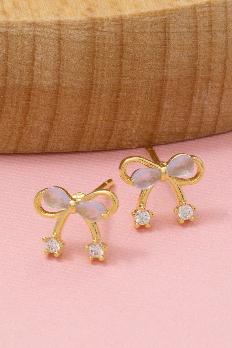 Gold Dipped Cz Mini Ribbon Bow Stud Earrings