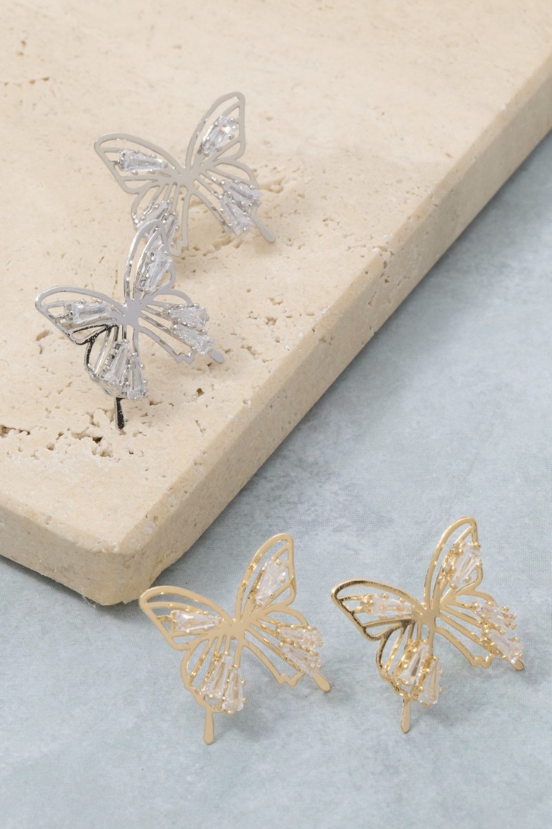 Cz Baguettes Butterfly Stud Earrings