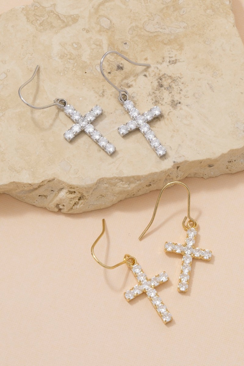 Cz Studded Cross Dangle Earrings