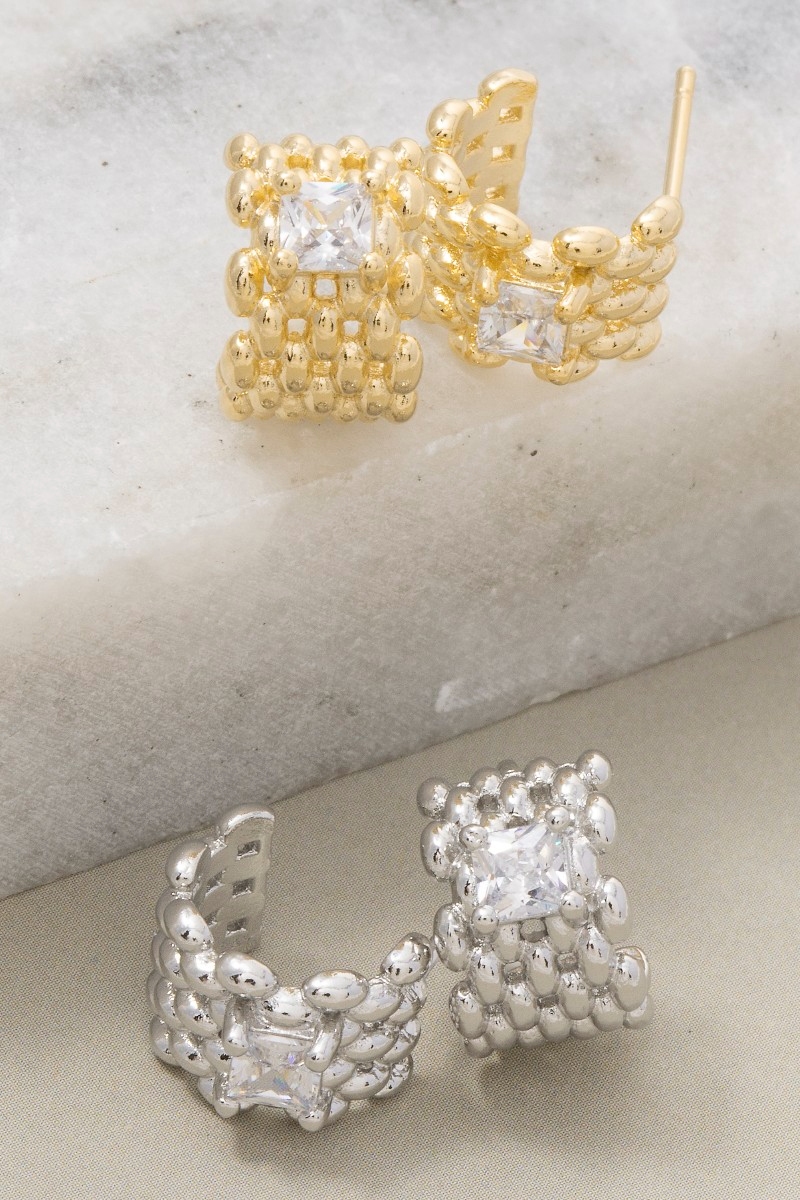 Square Cz Wide Solid Honeycomb Hoop Earrings