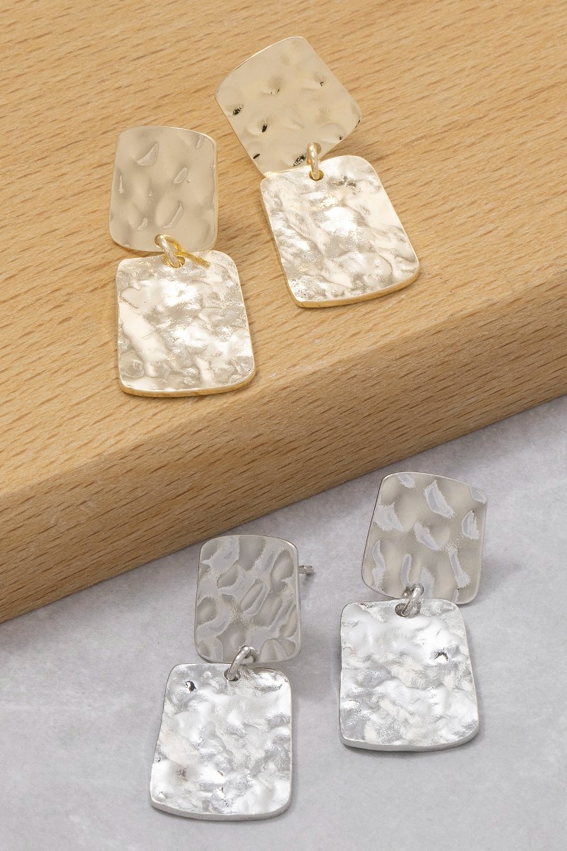 Flat Hammered Squares Stud Dangle Earrings
