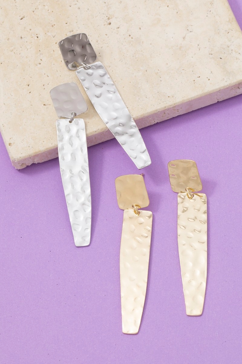 Hammered Long Rectangle Bar Dangle Earrings