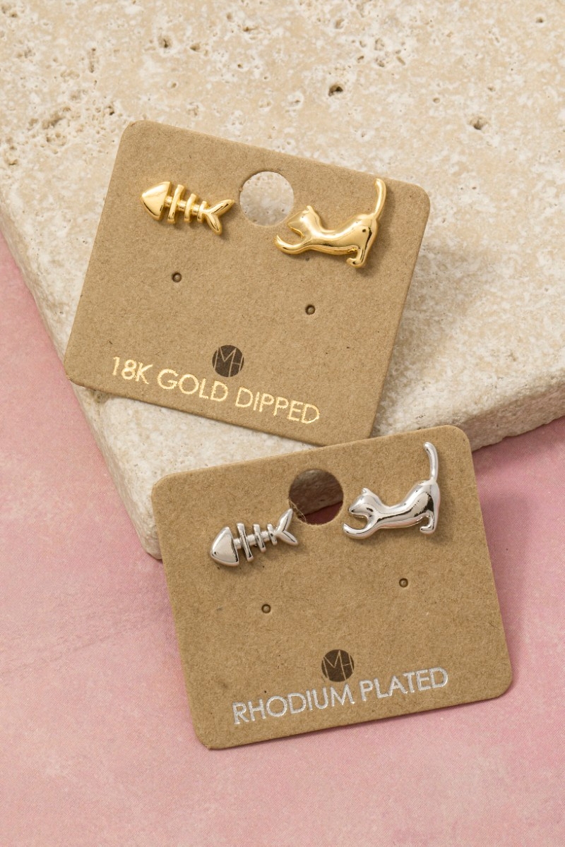 Gold Dipped Cat And Fish Stud Earrings