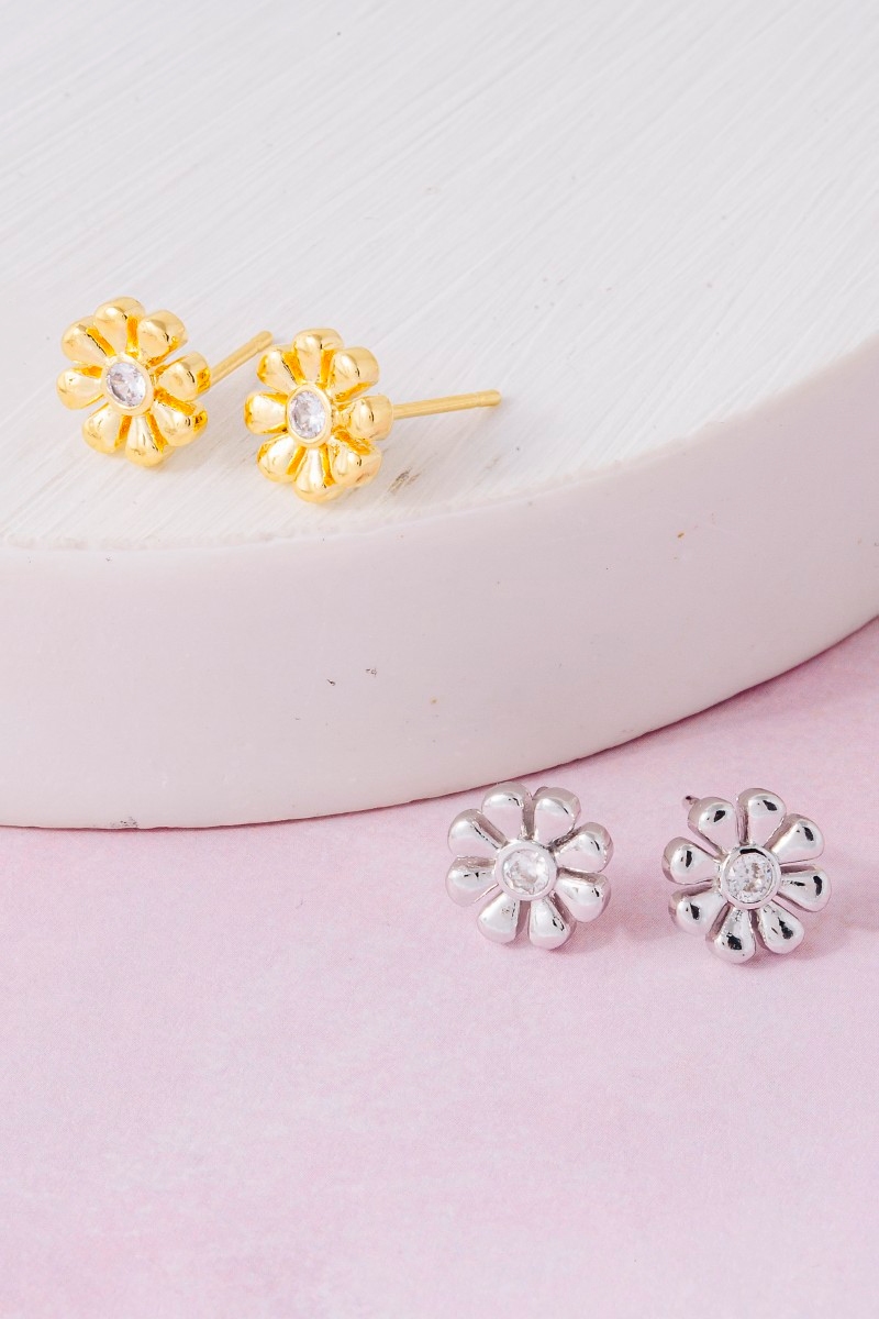 Gold Dipped Cz Mini Flower Stud Earrings