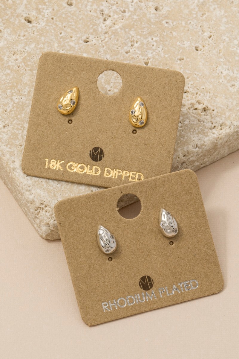 Gold Dipped Cz Studded Teardrop Stud Earrings