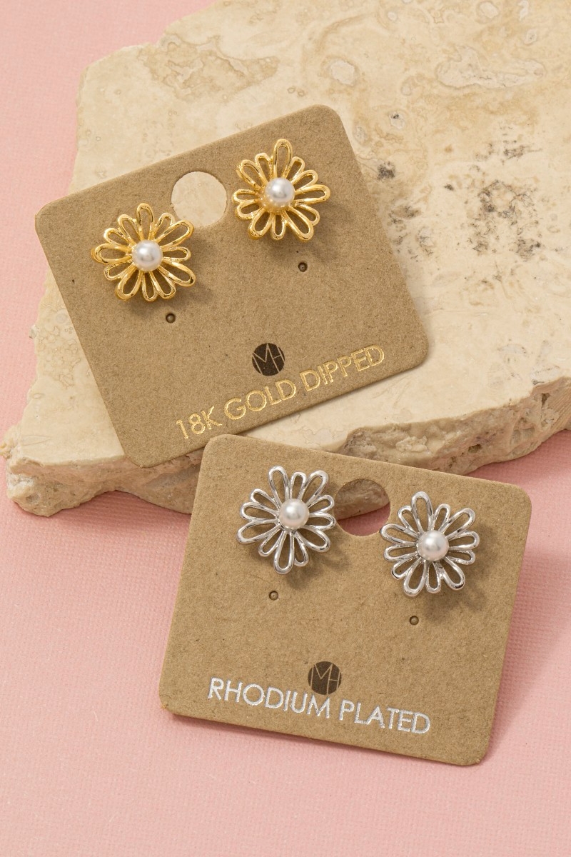 Gold Dipped Pearl Flower Stud Earrings
