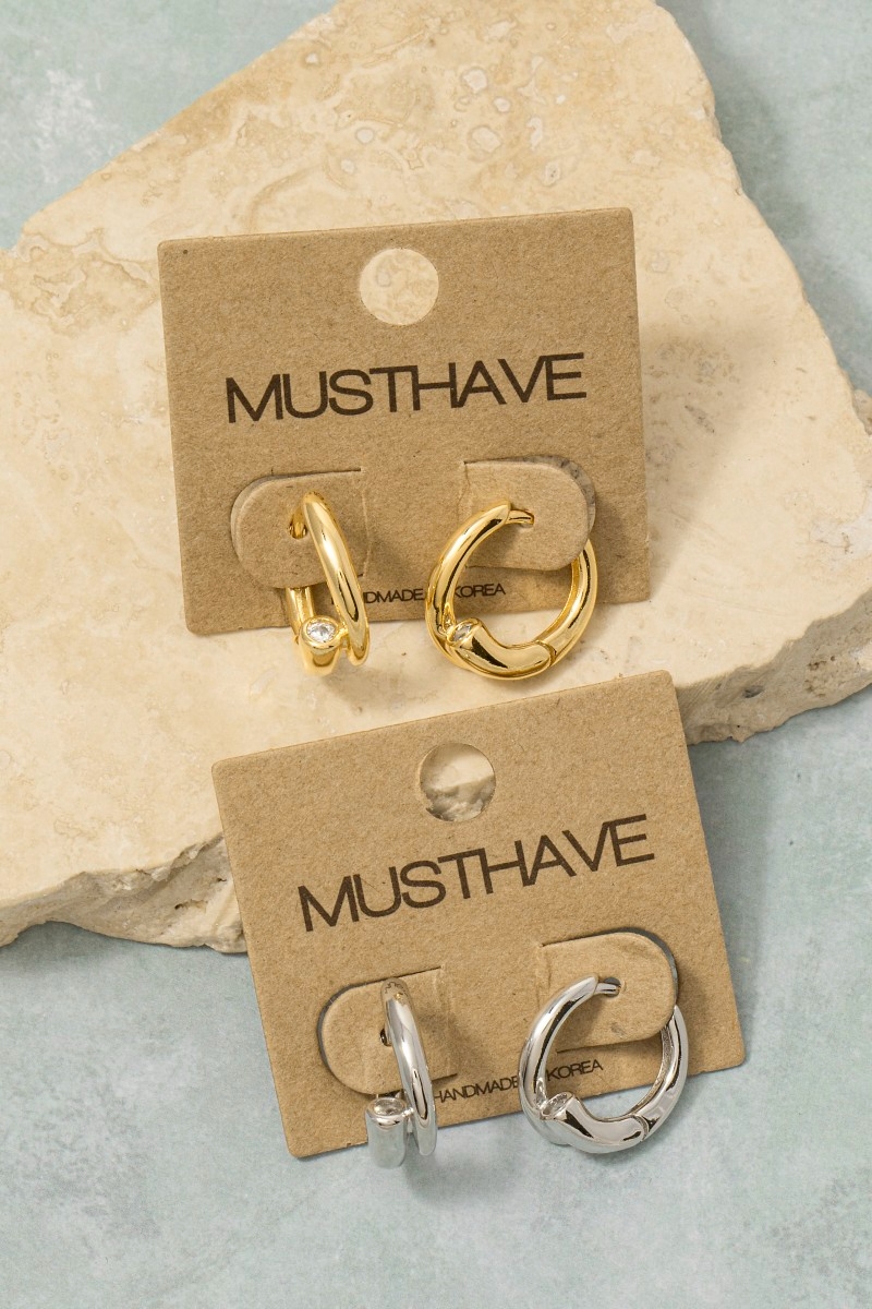 Gold Dipped Cz Stud End Hinge Hoop Earrings