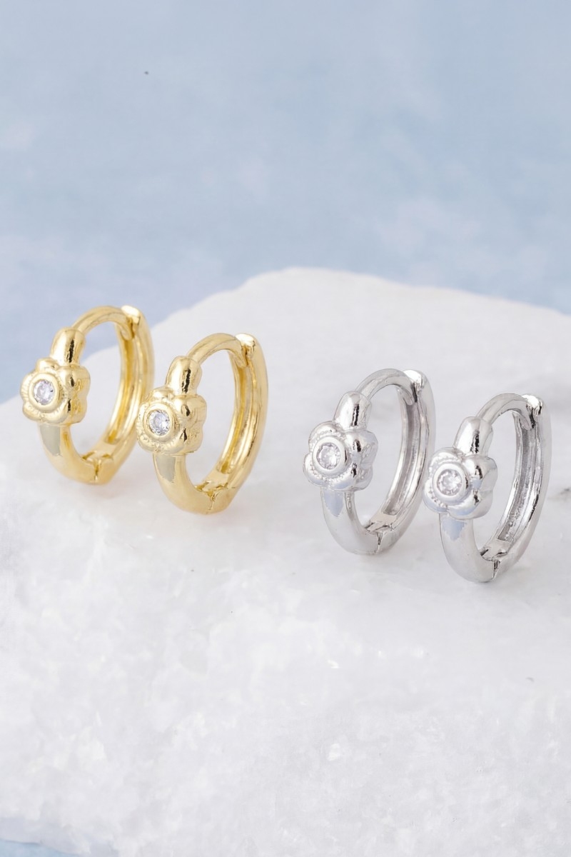 Gold Dipped Mini Cz Flower Hinge Hoop Earrings