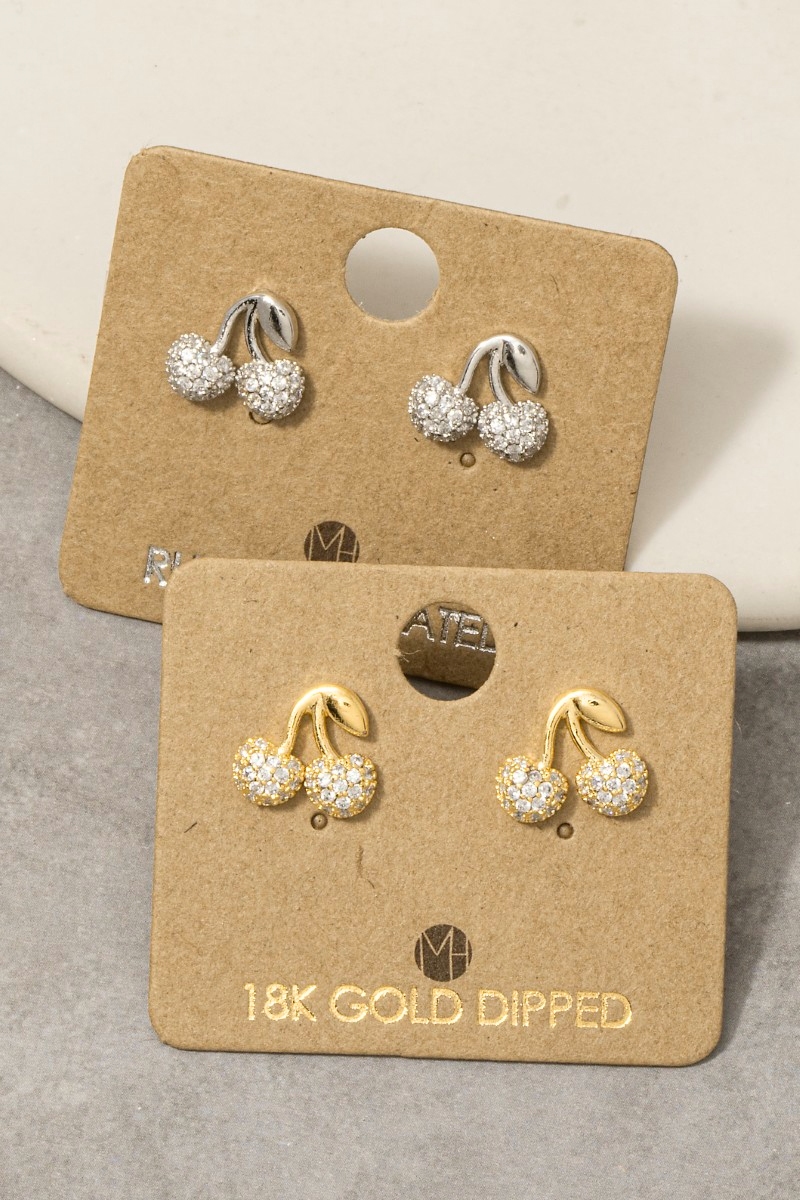 Gold Dipped Cz Pave Cherry Stud Earrings
