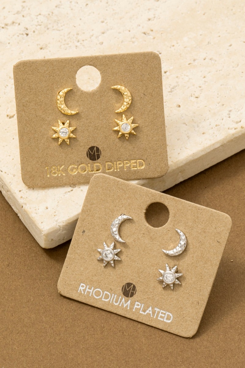 Gold Dipped Cz Moon And Sun Earrings Set