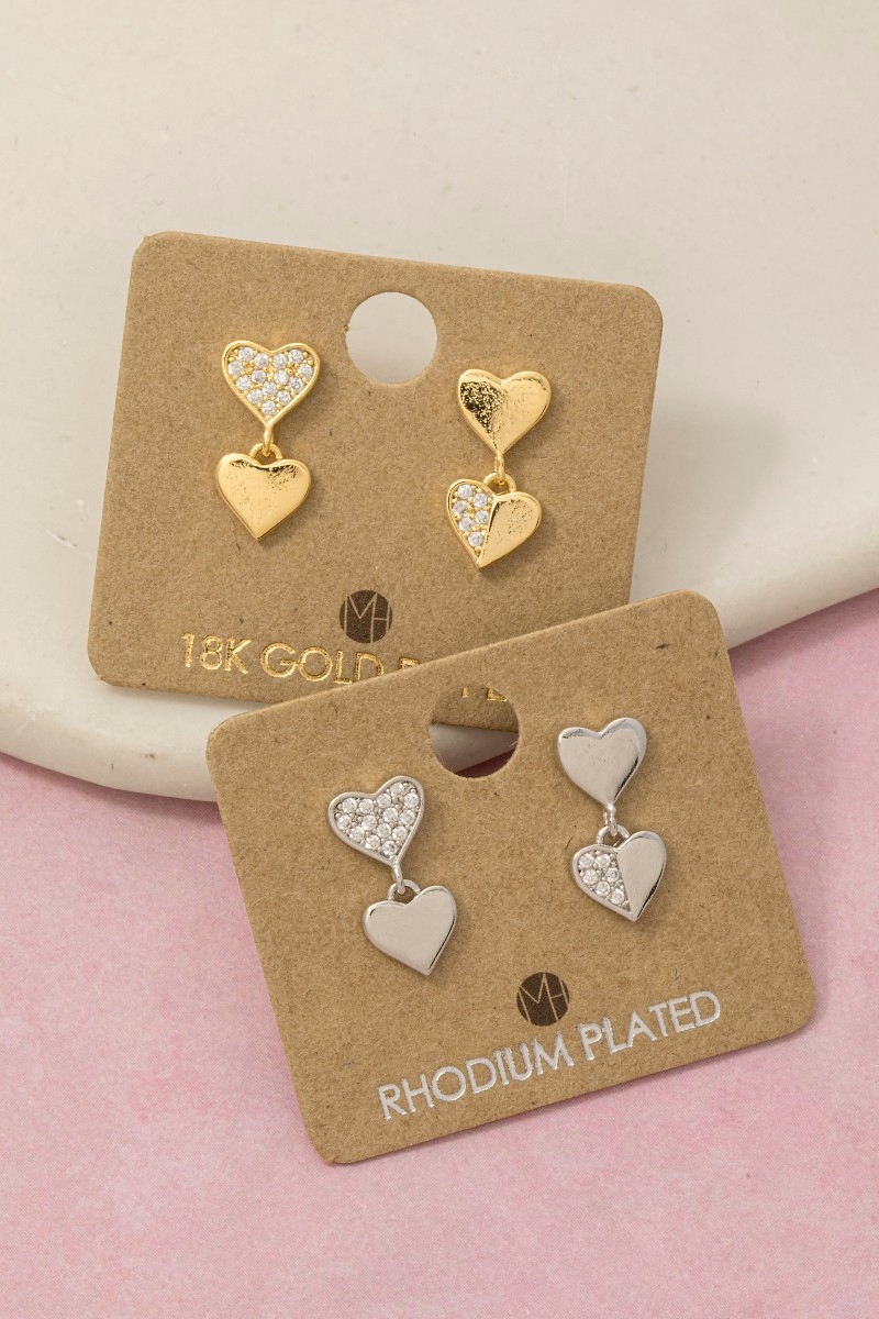 Gold Dipped Mini Pave Double Heart Earrings