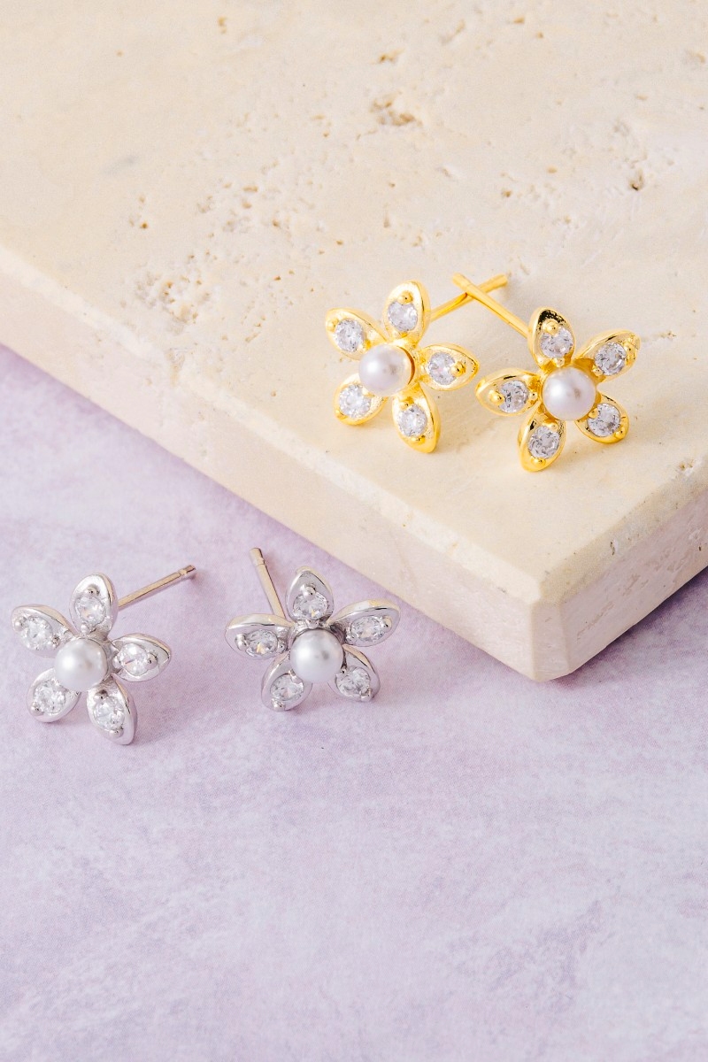 Gold Dipped Cz Pave And Pearl Flower Stud Earrings